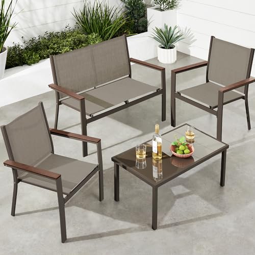Best Choice Products 4-Piece Outdoor Textilene Patio Conversation Set, Backyard Furniture w/Loveseat, Coffee Table, Steel Frame - Taupe/Charcoal