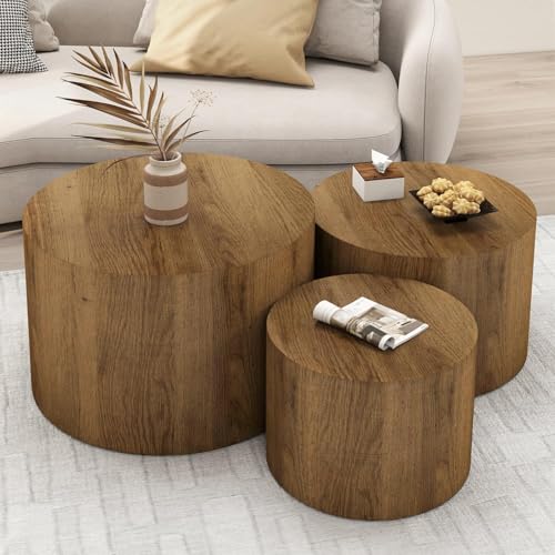 Vikiullf Nesting Coffee Table Set of 3, Round Wooden Coffee Tables, Modern Circle Table for Living Room, Bedroom, Accent Side Table