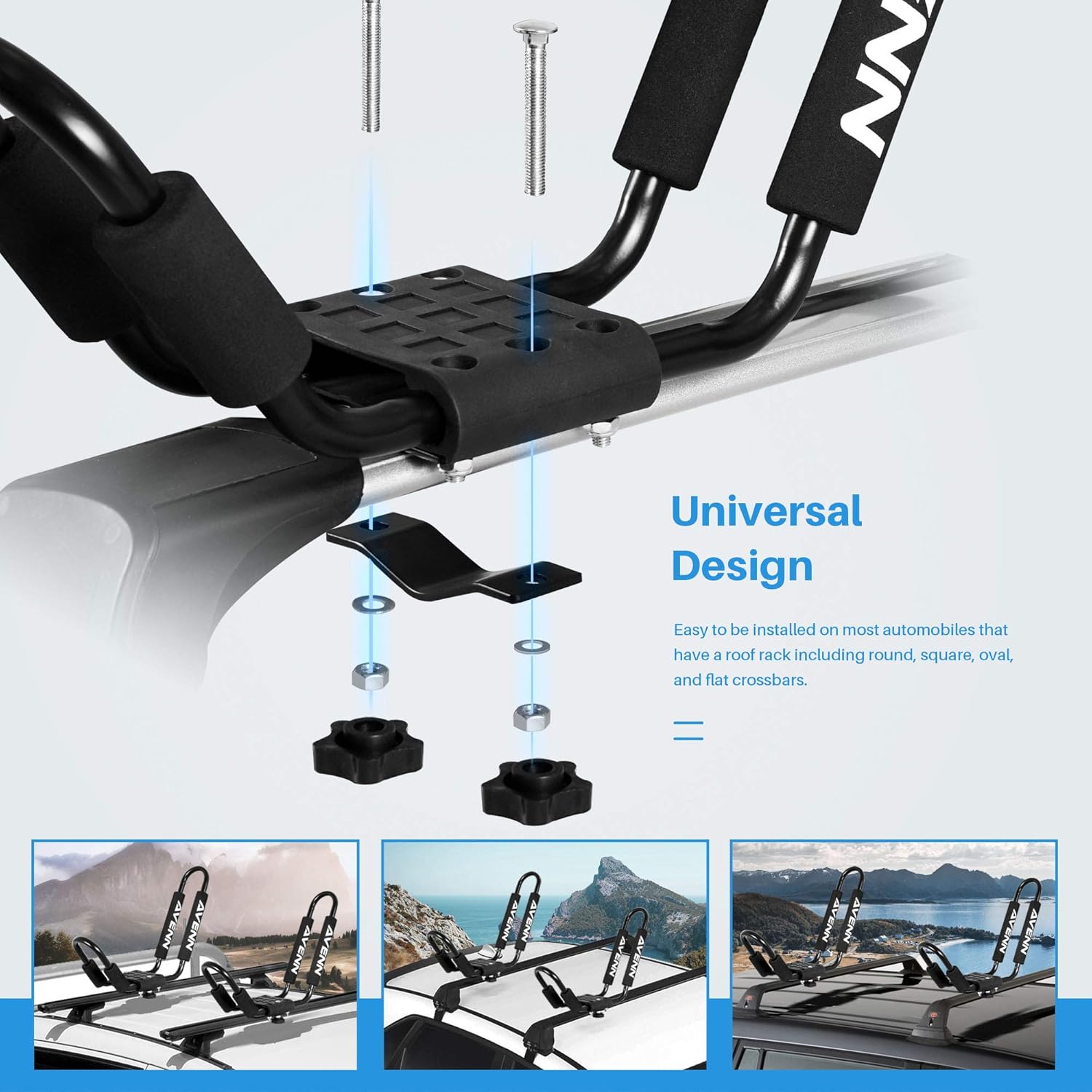 AVENN Rooftop J-Bar Kayak Rack for Canoe, Skis, Paddleboard or Surfboard, Heavy Duty Boat Carrier, Camping Storage Roof Mount for Car