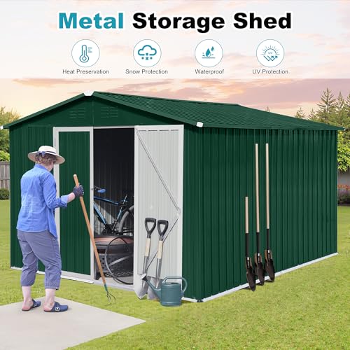 8x6 FT Outdoor Storage Shed, Metal Tool Shed with Lockable Doors, Peaked Roof & Frame Floor