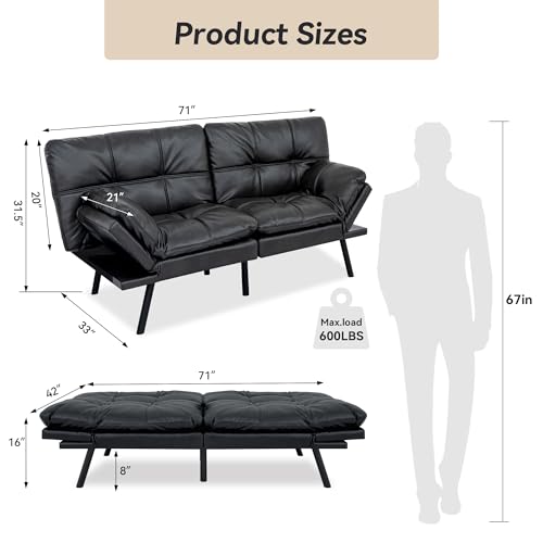 71" Convertible Futon Sofa,Faux Leather Futon Couch Bed,Sleeper Sofa Bed,Memory Foam Modern Folding Small Loveseat for Living Room,Office,Apartment