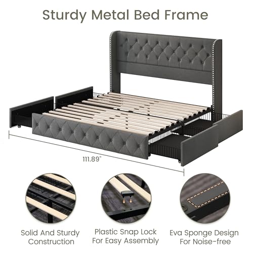King Size Bed Frame with 4 Storage Drawers and Tufted Headboard Linen Upholstered Platform Bed Frame Wingback Beds with Wooden Slats Support