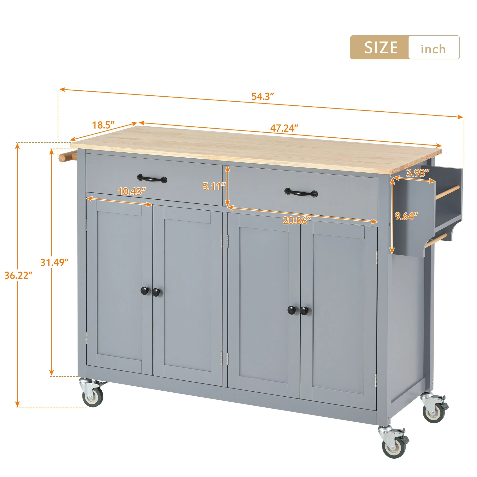 Lordear Kitchen Island Cart Cabinet with Solid Wood Top and Locking Wheels, Spice Rack and Towel Rack Grey - Radiant Selections