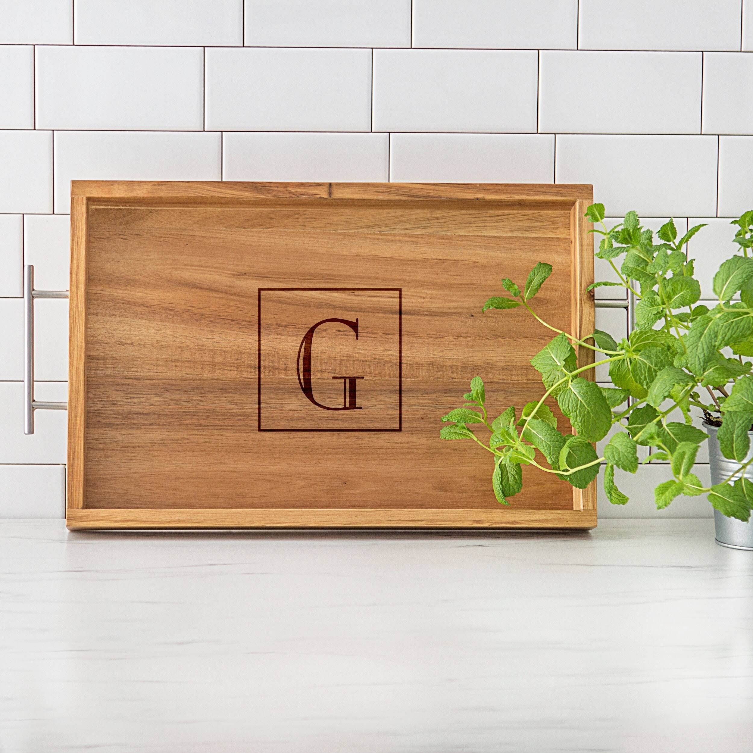 Cathy&s Concepts Personalized Acacia Tray with Metal Handles - I