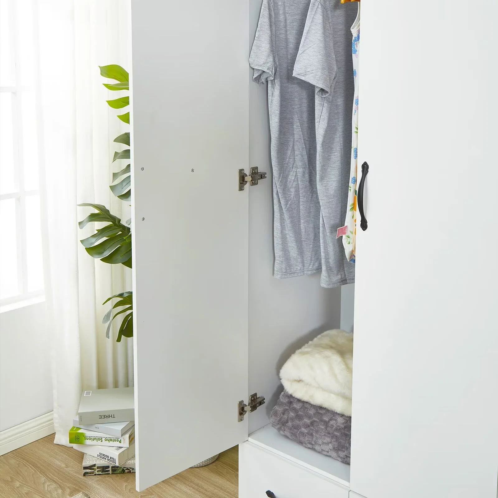 ModMakers 4-Door Wardrobe Armoire Closet | Wardrobe Storage Wood Armoire Wardrobe Cabinet w/ Mirror, 2 Hanging Rods & 4 Drawers, White