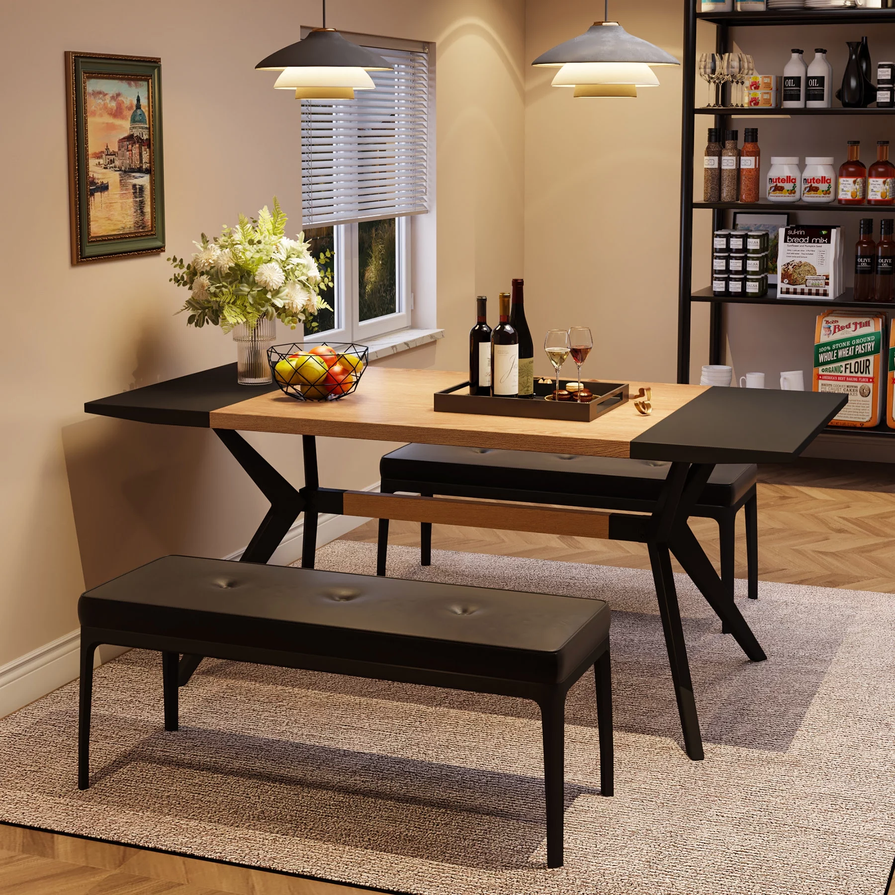 Tribesigns 63 inches Dining Table for 4-6, Large Rectangular Wood Kitchen Table Dining Room Furniture Table with X-Shaped Iron Frame