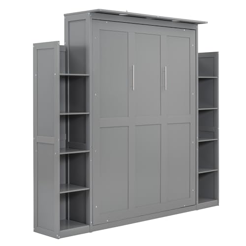 Merax Full Size Murphy Bed, Wooden Full Wall Bed with Shelves and LED Lights, Gray