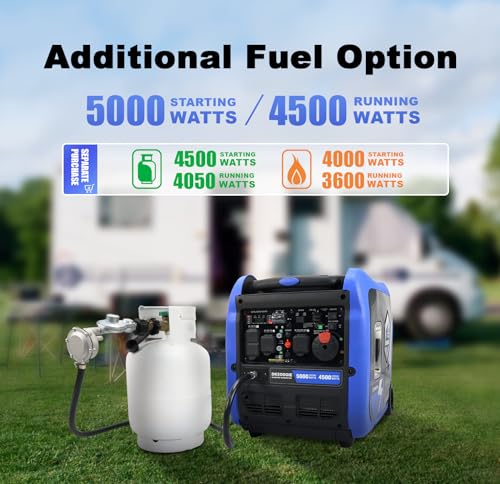 DK 5000W Gas Inverter Generator, Electric Start, 120V 240V Full Power Output, Dual or Tri-fuel Conversion Possible, Wheel & Handle Kit