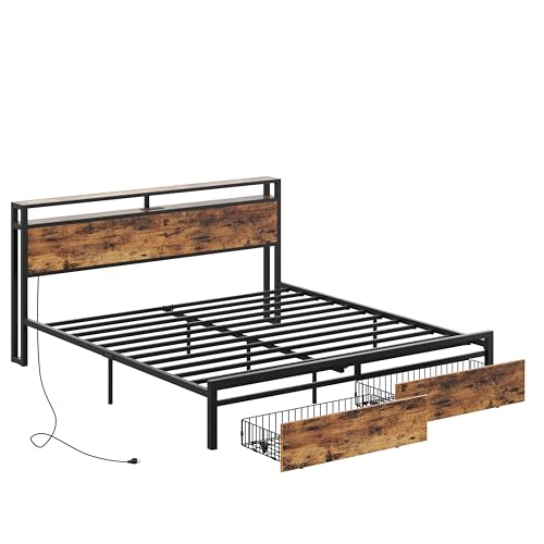 LIKIMIO King Bed Frame with Storage Headboard, Platform Bed with Drawers and Charging Station, No Box Spring Needed, Easy Assembly, Vintage Brown