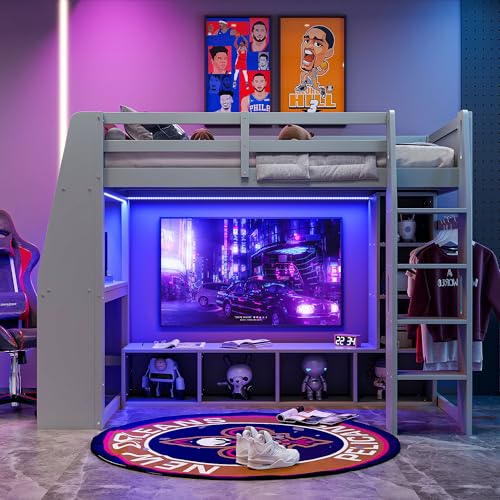 SOFTSEA Full Size Loft Bed with Desk and Storage, Solid Wood Loft Bed with Open Wardrobe and Multi-Storage Shelves