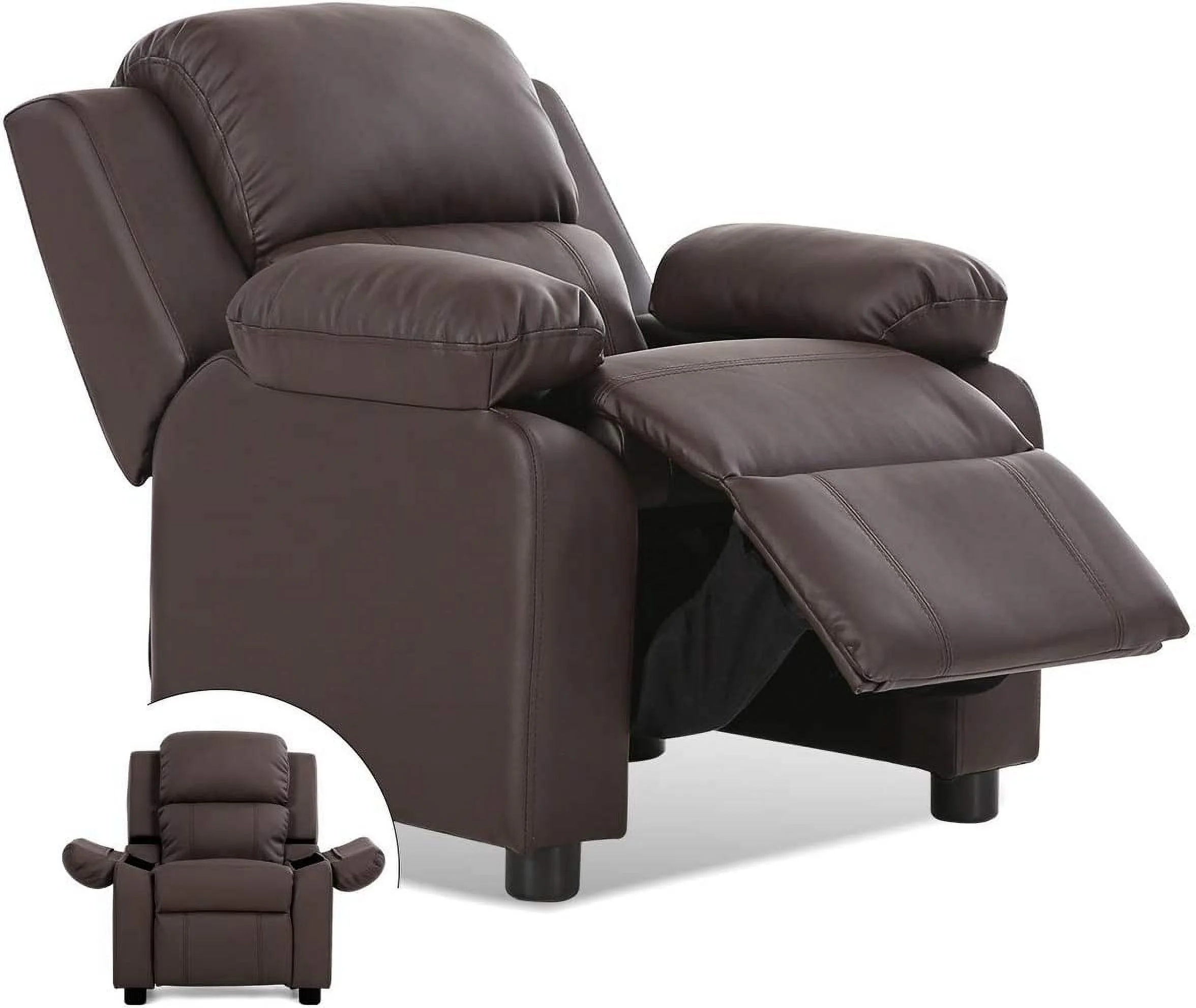 Kids Recliner, Leather Recliner Chair w/Footrest, Armrest Storage, Headrest & Lumbar Support, Ergonomic Lounge Chair for Living & Gaming Room