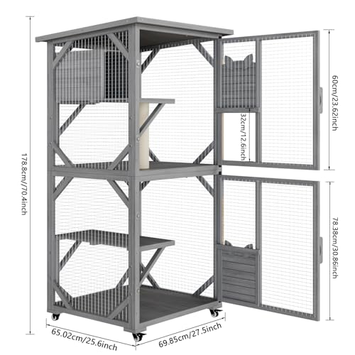 OFIKA Cat House Catio Outdoor Enclosure with Waterproof Roof,71'' cat House & Condos on Wheels for Outdoor Patio,Cat Window Box,Scratching Post（White）