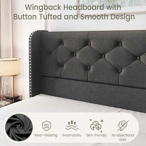 King Size Bed Frame with 4 Storage Drawers and Tufted Headboard Linen Upholstered Platform Bed Frame Wingback Beds with Wooden Slats Support