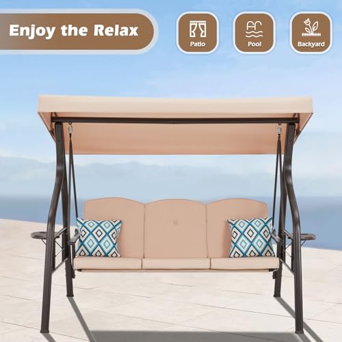 3-Seat Outdoor Porch Swing with Stand, Patio Swing with Canopy