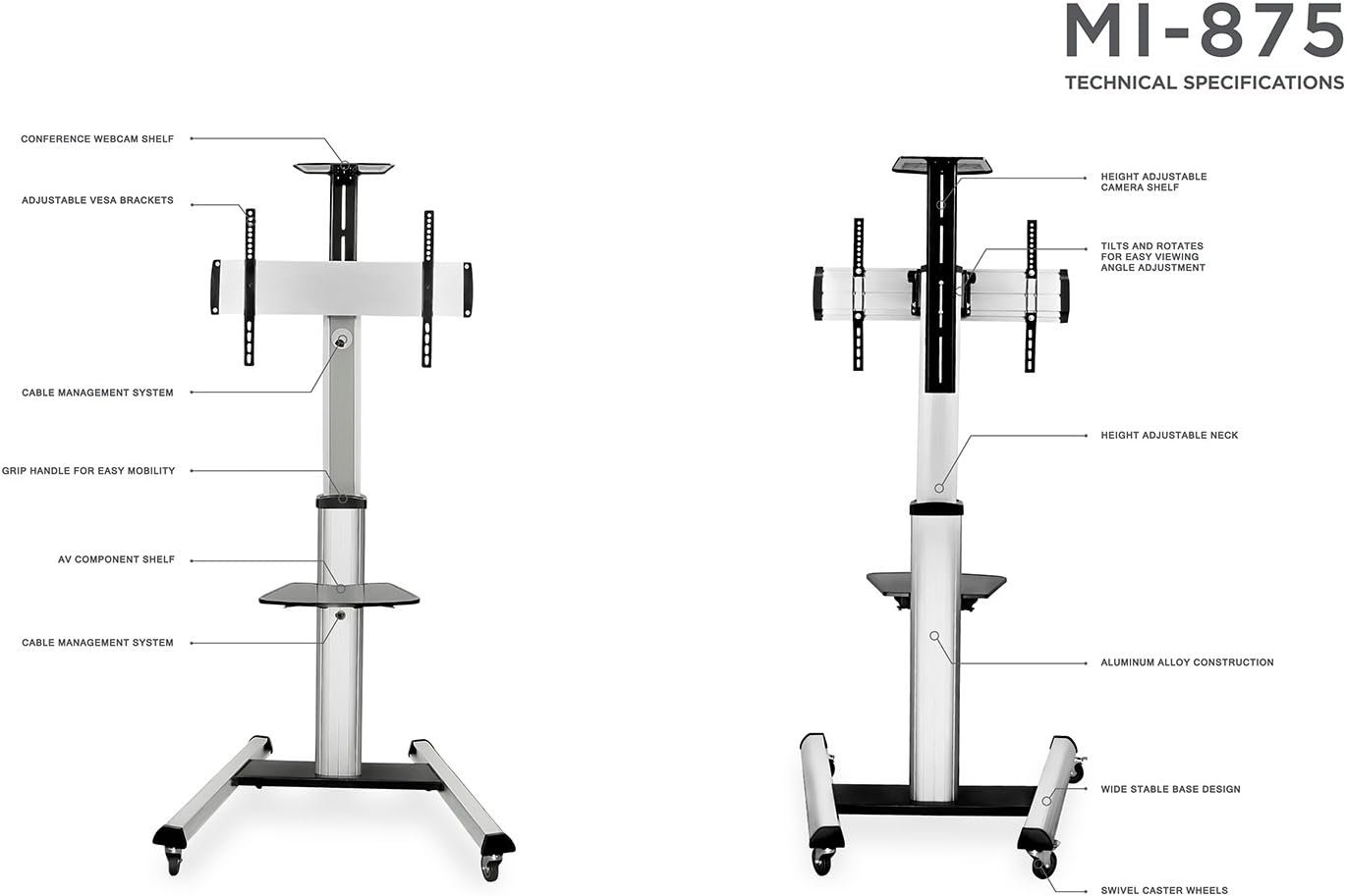 Mount-It! Mobile TV Stand for Flat Screen Televisions, Height Adjustable Rolling TV Cart for 32, 40, 50, 55, 60, 65 and 70 Inch Screens