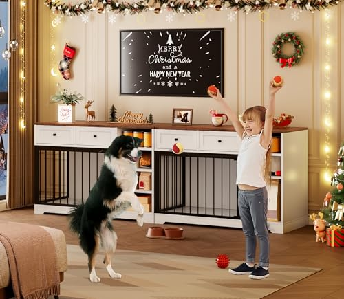 IDEALHOUSE 47” Large Dog Crate, Dog Kennel Indoor with 2 Drawers and 4 Shelves, Dog Crate Furniture TV Stand, Wooden Dog Cage for Medium Large Dogs