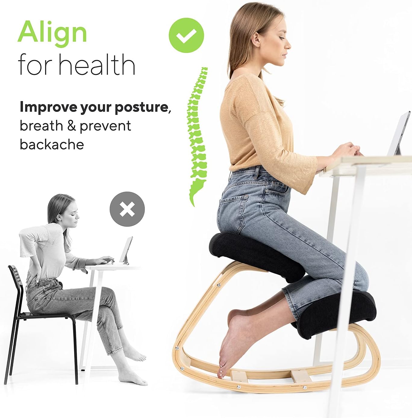 Luxton Memory Foam Ergonomic Kneeling Chair - Posture Support Comfortable Padded Office Desk Chair - Angled Rocking Stool & Balancing Seat