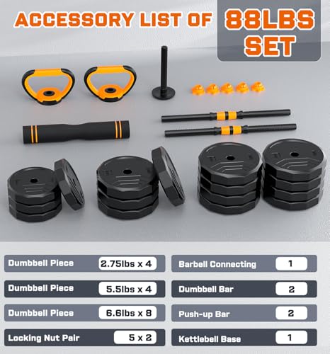 5-in-1 Adjustable Dumbbell Set, 33/44/66/88lbs Free Weights Set with Connector, Used as Kettlebells, Barbell, Push up Stand, Standard 1" Plates