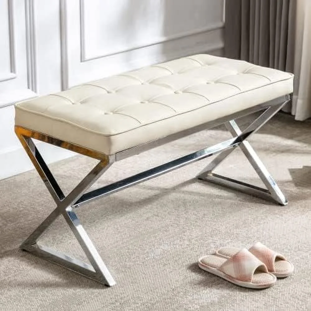 YZboomLife PU Leather Upholstered Entryway Bench Tufted Padded Bench with Metal X Legs for Bedroom End of Bed/Under Window/Living Room/Hallway/Foyer