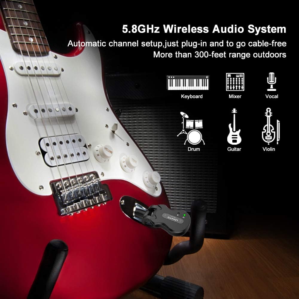 LEKATO Wireless Guitar System Wireless Audio Electric Guitar Transmitter Receiver 4 Channels Transmission Range High Frequency Battery Rechargeable