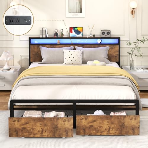 Full Size Bed Frame with Headboard, LED Platform Bed Frames with 4 Storage Drawers, Built in Charging Station, Noise Free, Stable and Solid