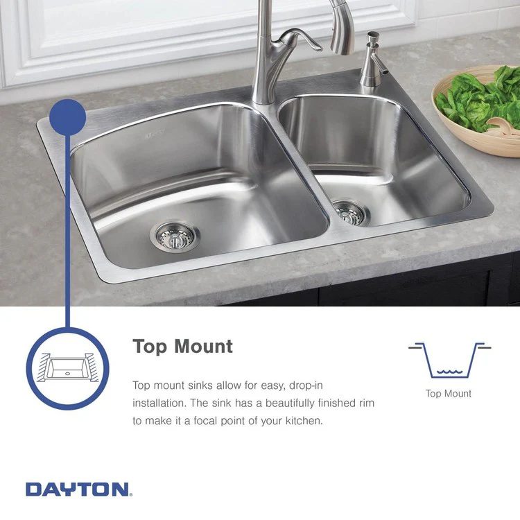 Kitchen Sink Dayton 33 x 22 Inch Double Bowl Equal 4 Hole Satin Drop-In 7 Inch
