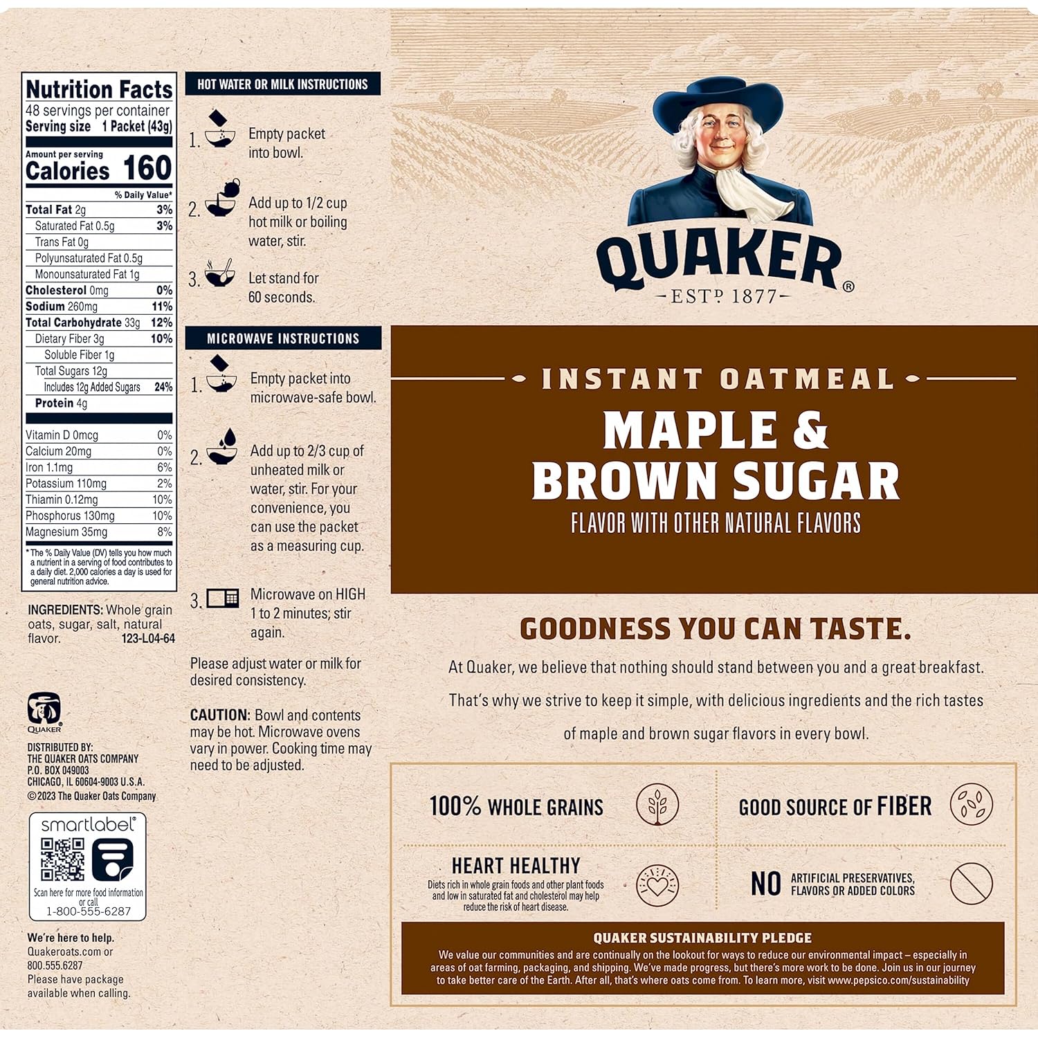 Quaker Instant Oatmeal, Maple & Brown Sugar, Individual Packets, 1.51 Ounce (Pack of 48)