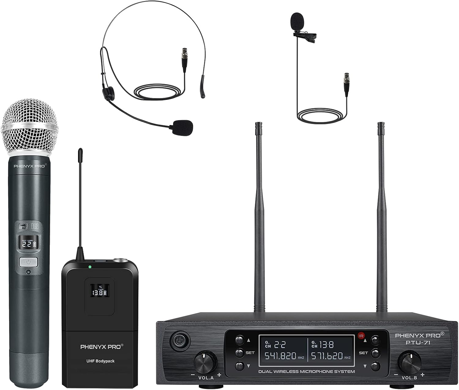 Wireless Microphone System, Phenyx Pro Dual Channel Cordless Mic Set with Handheld/Bodypack/Headset/Lapel, 2x100 Channels, Auto Scan, Lock Function