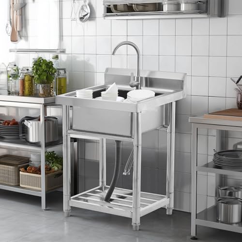 Utility Sink Stainless Steel Free Standing Single Bowl Laundry Outdoor Commercial Kitchen Sink with Cold Hot Pipe for Bar, Garage, Restaurant