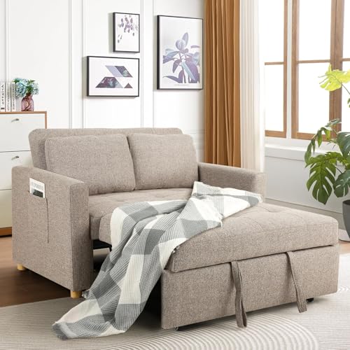SEJOV 3-in-1 Convertible Sofa Bed, Linen Fabric Sleeper Couch Pull Out Bed, 49" 2-Seater Loveseat Futon Sofa with Spring Support