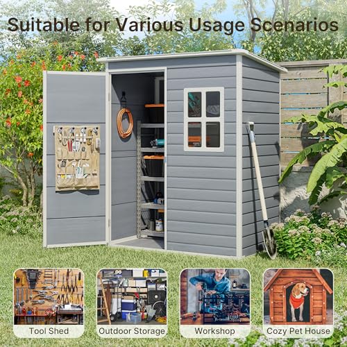 Gizoon 6x4 FT Outdoor Storage Shed with Floor, Resin Garden Tool Shed with Lockable Doors, Window, Vents, Reinforced Steel Frame