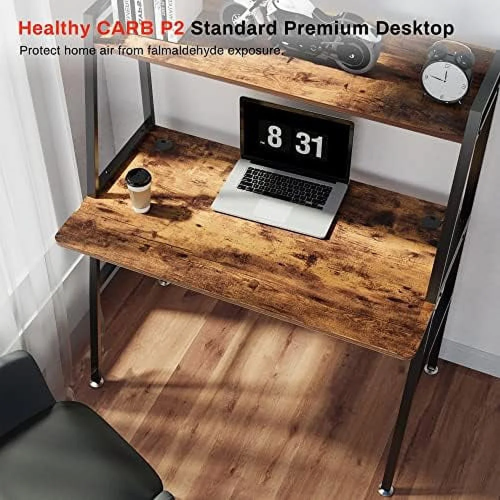 Small Computer Ladder Desk with  Shelves  43 Inch 2-Tier  Office Students Study Writing PC Gaming Table with Bookshelf  Workstation for Space Saving