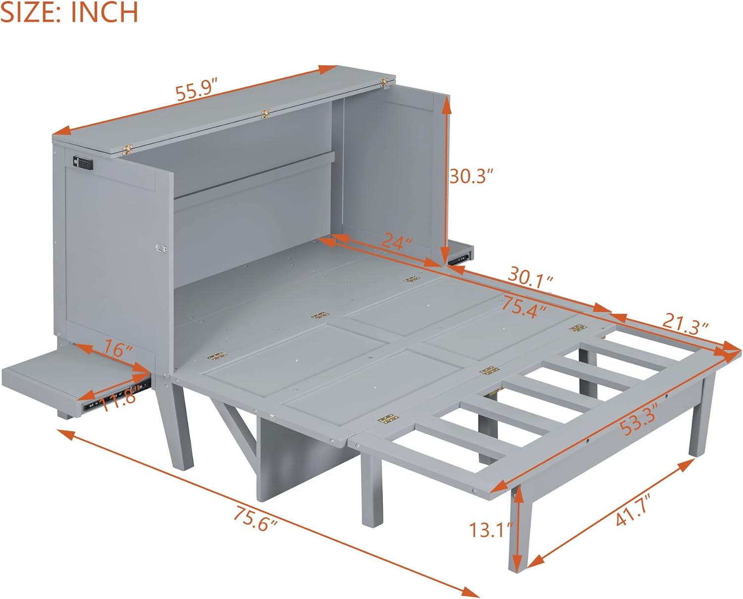Murphy Bed,Full Size Murphy Wall Bed with Cabinet/USB Port,Removable Shelves,Space-Saving Folding Murphy Bed