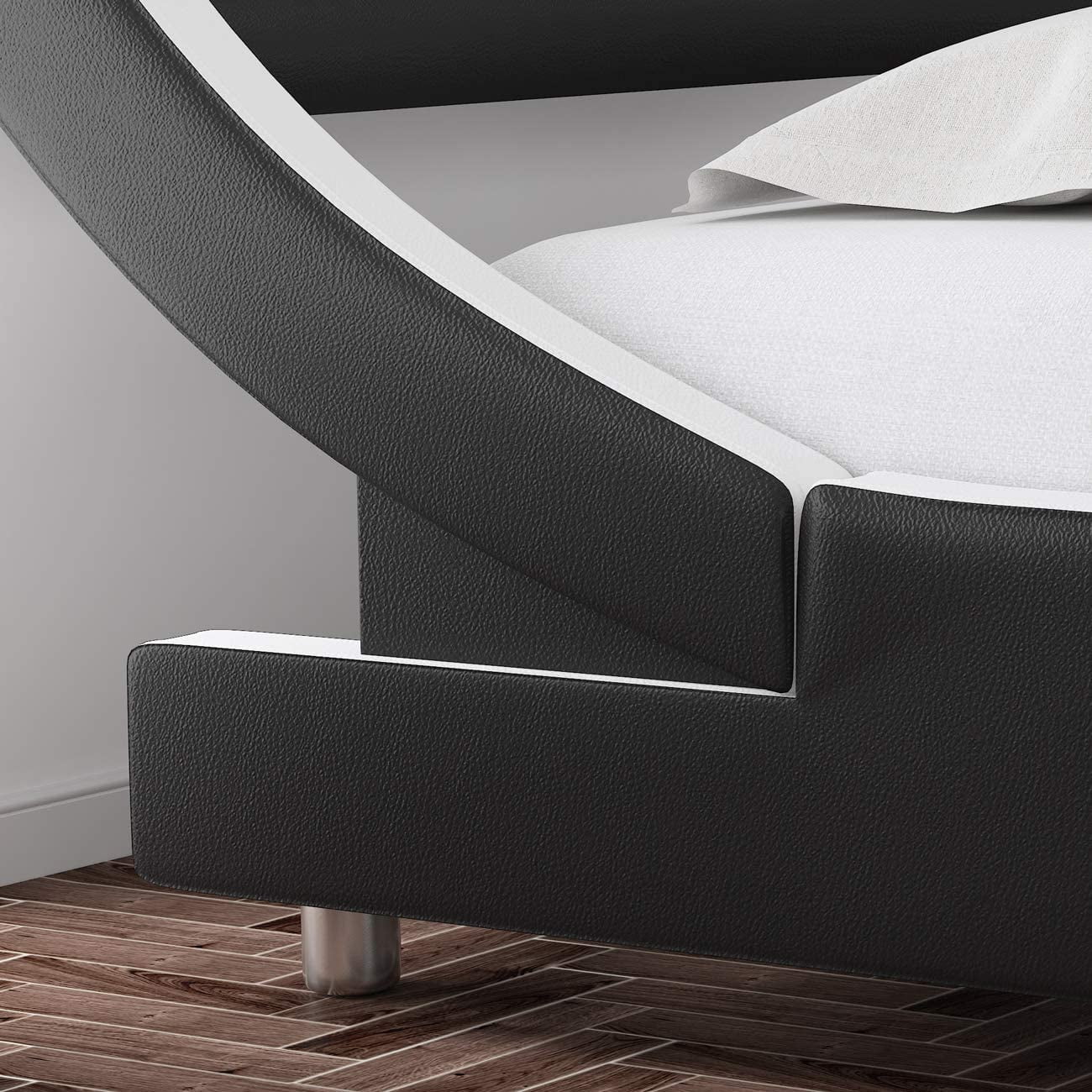 SHA CERLIN Black & White Queen Size Platform Bed frame, Faux Leather Low Profile Sleigh Bed Frame with Adjustable Headboard, Adult