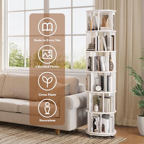 6 Tier Rotating Bookshelf Tower Spinning Bookshelf with Swivel Wheels Book Shelf Rotating Storage Tower for Kids Adult Narrow Walnut Solid Wood
