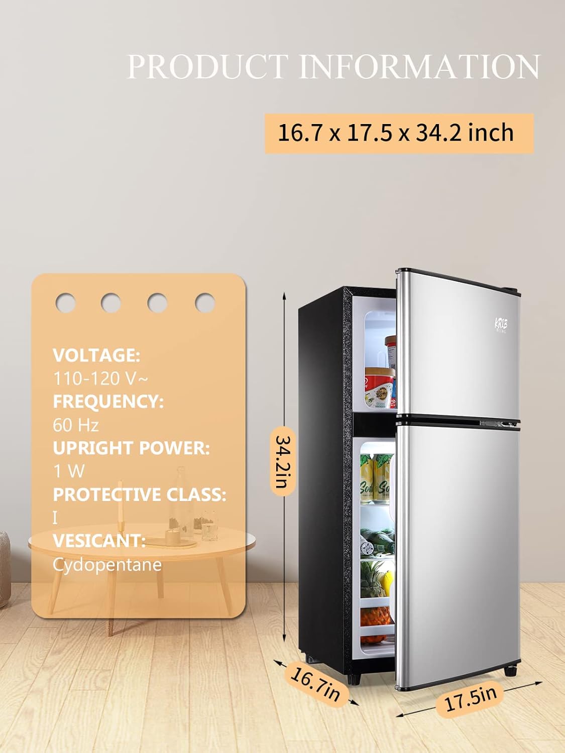 KRIB BLING Compact Refrigerators with Freezer, 3.5 Cu.ft Mini Fridge with 7 Level Temp Adjustable Thermostat, Small Fridge for Apartment, Office
