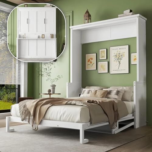 Queen Size Wall Bed with Desk, Wood Hidden Murphy Bed Frame, Foldable Murphy Cabinet Bed with Desk, Queen Size Murphy Bed, White