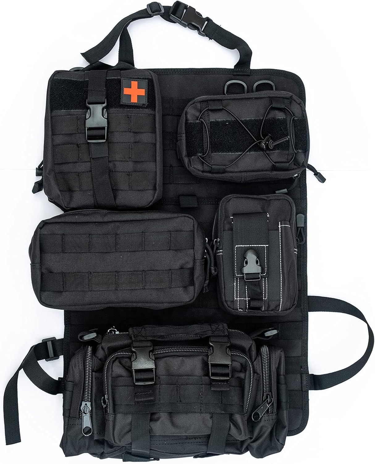 Tactical Car Seat Back Organizer with 5 Detachable Molle Pouch--1 Medical Kit & 4 Admin Pouch, Tactical Vehicle Panel for Truck, Jeep, SUV, Car, Ford
