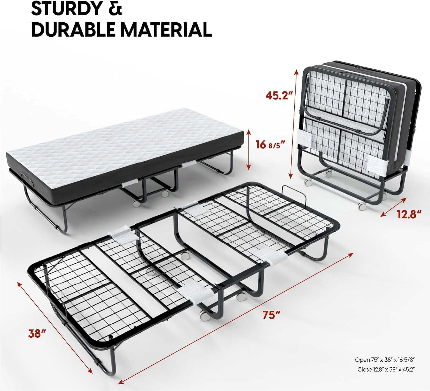 Folding Bed With Mattress - 75X38 Size Bed Frame - Portable Foldable Roll Away Adult Bed For Guest - 5-Inch Thick, Memory Foam