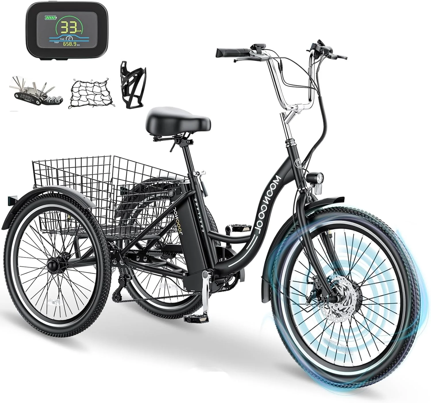 MOONCOOL 350W Motorized Electric Trike, 7 Speed 3 Wheel Electric Bicycle with 36V 14.5Ah Lithium Battery UL Certified