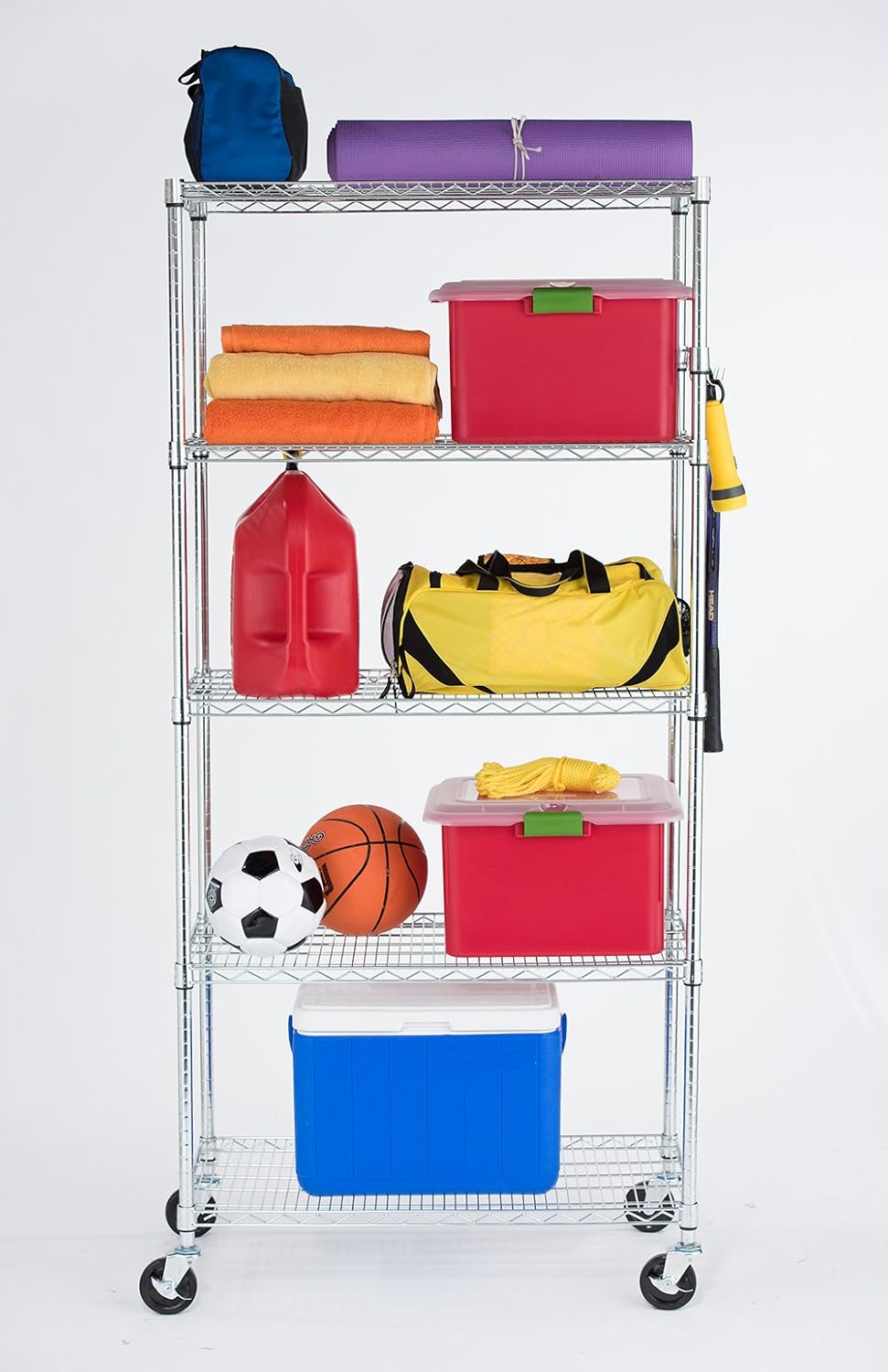 TRINITY EcoStorage Heavy Duty 5-Tier Adjustable Wire Shelving with Wheels and Storage Hooks for Kitchen Organization, Garage Storage, NSF Certified