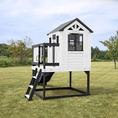 Backyard Discovery Beacon Heights Elevated Cedar Playhouse, Play kitchen, Powered Blender, Working Bell, 6 ft Wave Slide, Wrap-Around Deck