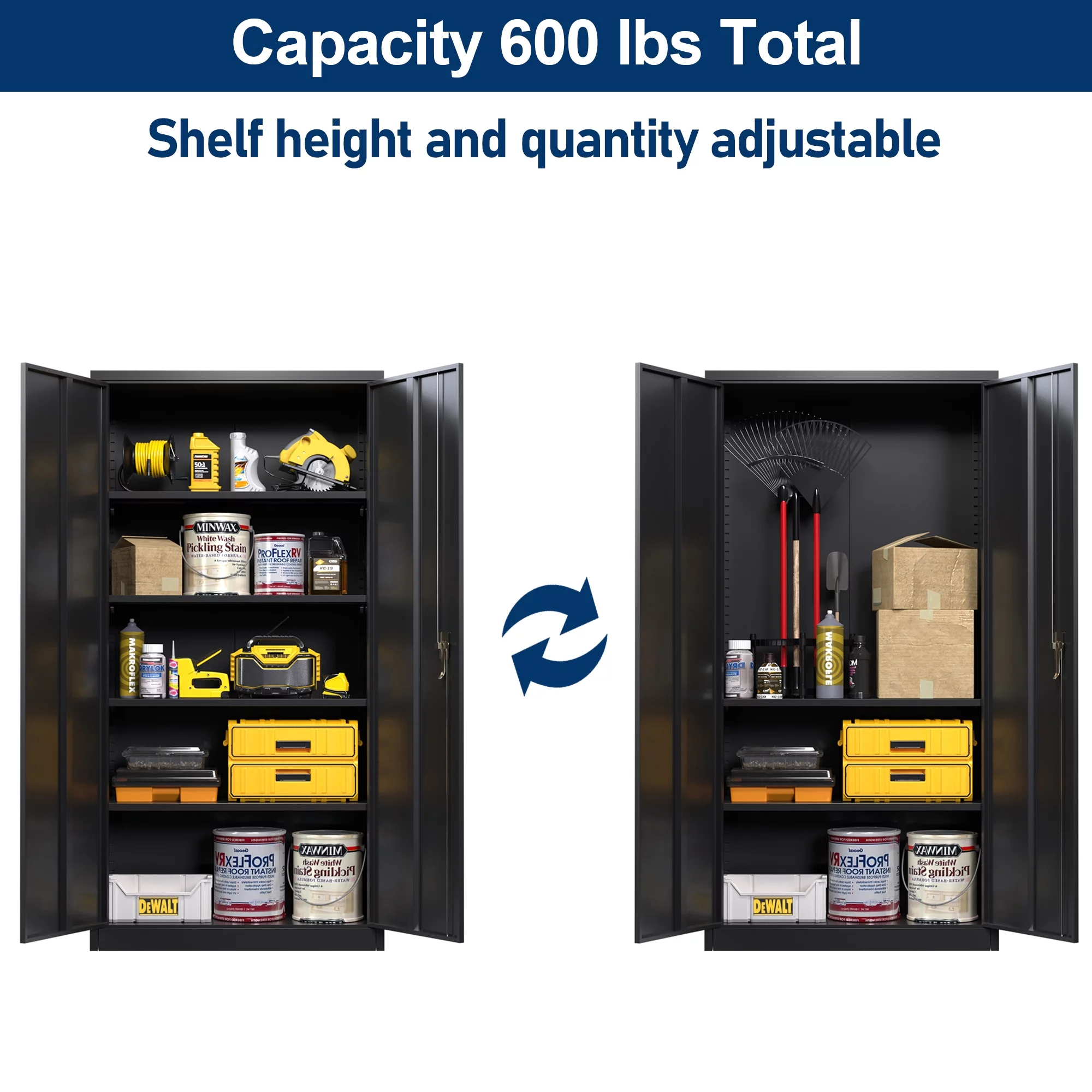 AOBABO Metal Storage Cabinet with Lock,Garage Storage Cabinet with 4 Adjustable Shelves,Tool Storage Cabinets with 2 Door,Black,Assembly Required