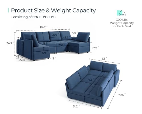 LINSY HOME Modular Sectional Sofa, Convertible U Shaped Sofa Couch with Storage, Memory Foam, Modular Sectionals with Ottomans