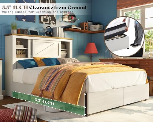 AMERLIFE 47.2" H King Bed Frame with Hidden Space Bookcase Headboard and Charging Station, Beds with 2 Storage Drawers and Wood Slats