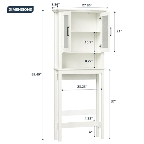 Over The Toilet Storage Cabinet, Over Toilet Bathroom Organizer with Glass Doors and Adjustable Shelf