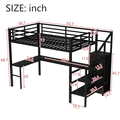Full Loft Bed with Desk - Metal Gaming Bed with L-shaped Desk, USB, Wardrobe & Adjustable Shelf, High Loft Bed with Safety Guardrails & Stairs