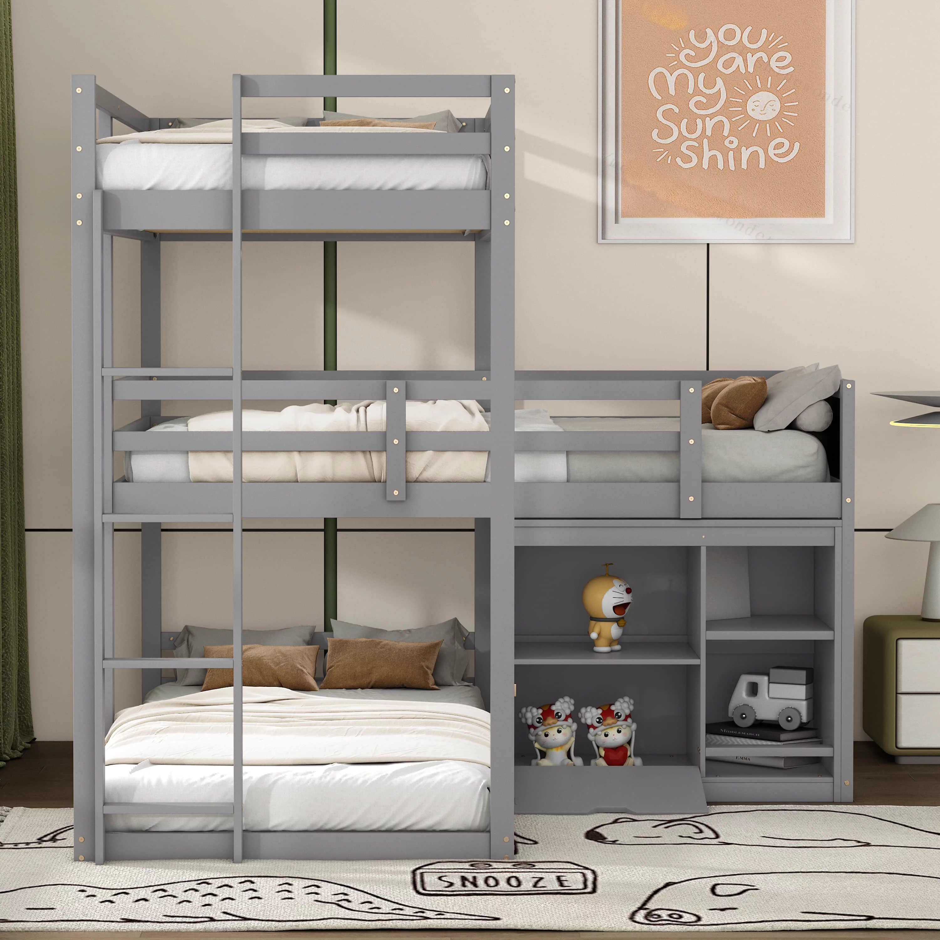 L-shaped Wood Triple Twin Size Bunk Bed with Storage Cabinet and Blackboard, Ladder - Curated Treasures Market
