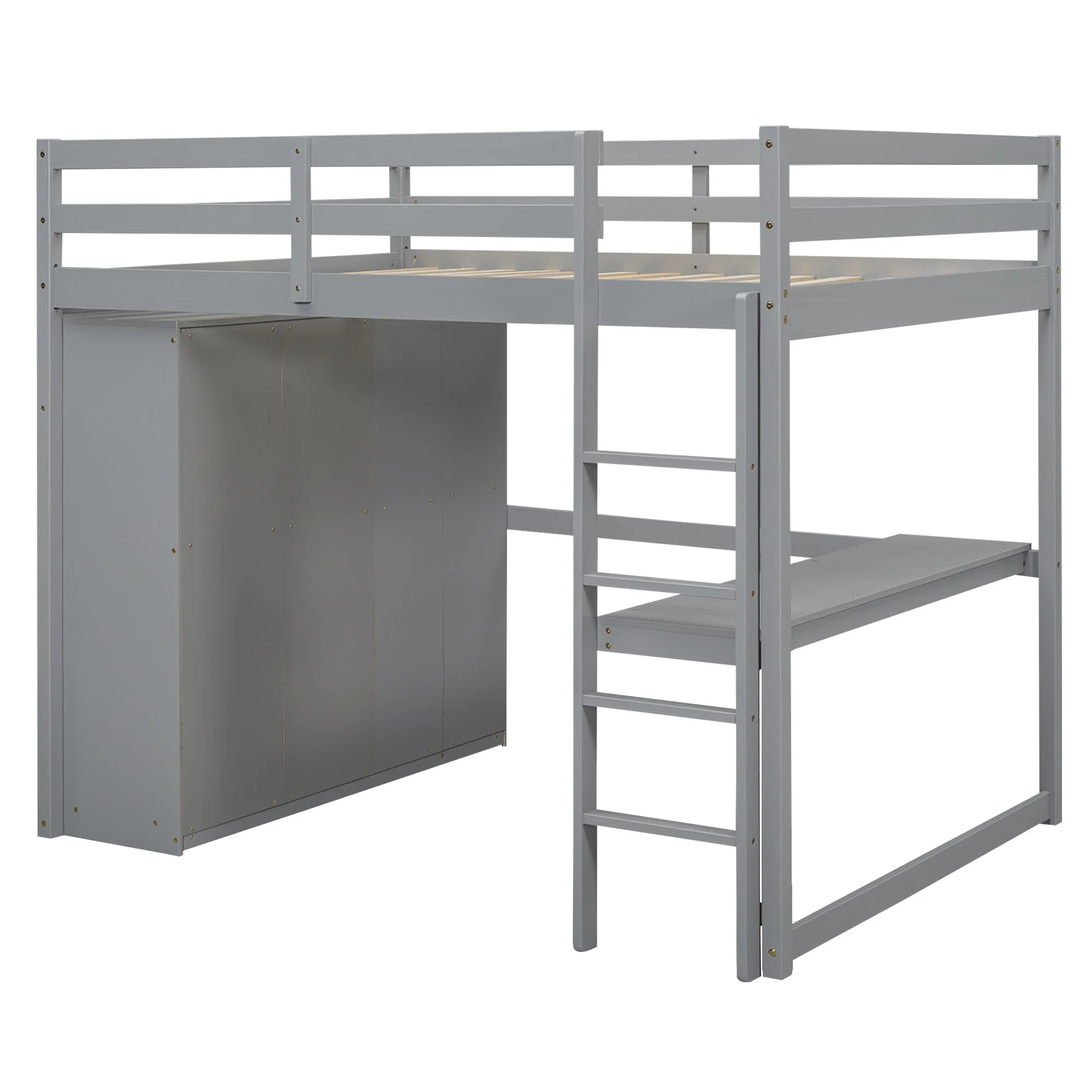 Full Size Loft Bed with Built-in Wardrobe, Desk, Storage Shelves and Drawers, Wooden Loft Beds Frame with Large Space