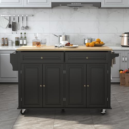 Kitchen Cart with Wood Top and Drop Leaf Breakfast Bar, Rolling Mobile Kitchen Island Table on Wheels with Drawer and Storage Cabinet, Spice Rack
